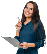 A smiling woman holds a clipboard and points with a pen toward the headline of the article