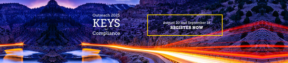Mountain canyon at sunset with lights zooming and Outreach 2025: Keys to Compliance, Register today