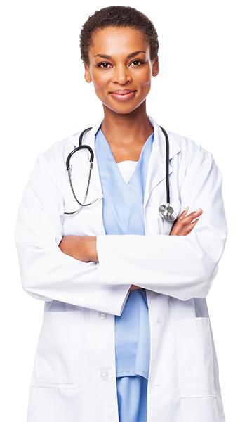 A medical professional wears a white lab coat and a stethoscope around her neck