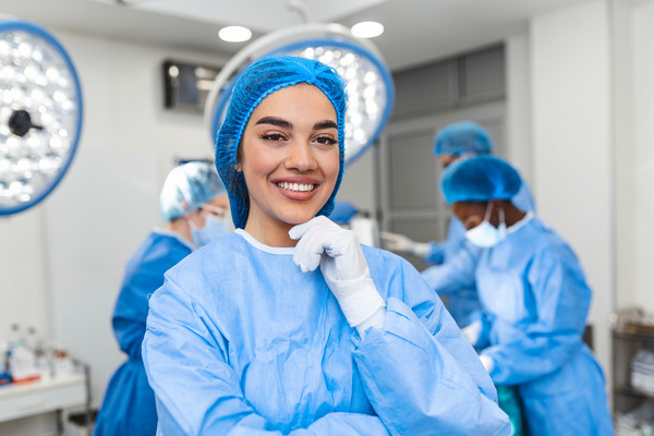 Woman in scrubs standing in front of a medical procedure.