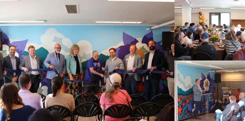 A collage of three pictures. People hold a blue ribbon to cut, he audience at the event sitting at tables, Tyler Jaeckel speaking at a podium.