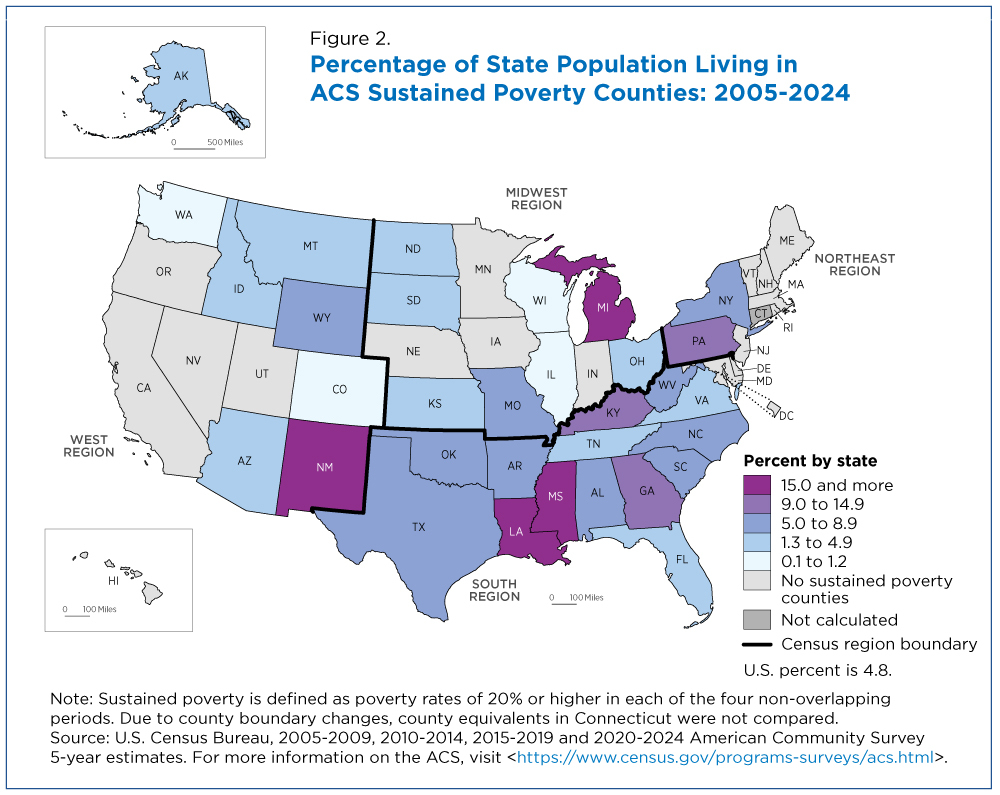Map: Percentage of State Population Living in ACS Sustained Poverty Counties