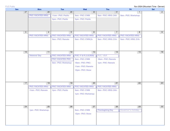 Calendar of November PUC events