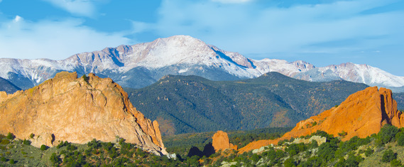 Garden of Gods facing a snowy Pikes Peak