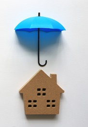 toy image of an umbrella over a cut out of a house