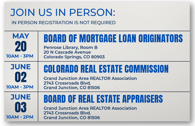 List of three in person board and commission meetings for May and June