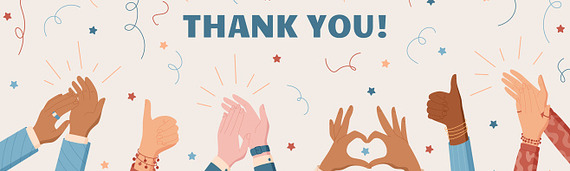 Cartoon hands in the air high fiving and thumbs up with the words thank you