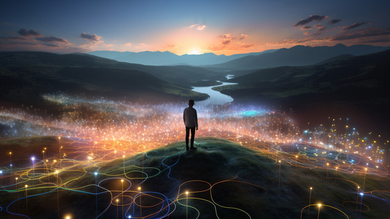 A person overlooking a mix of a natural (mountains, river, sunset) landscape mixing with digital lines extending from where the person is standing.
