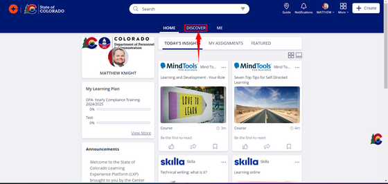 A screenshot of the 'Discover Tab' that is in the top dashboard of the State of Colorado Learning Experience Platform