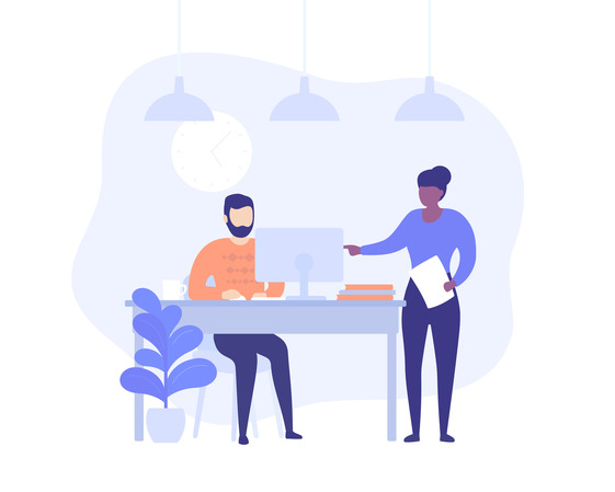 Illustration of a man at a computer while a woman stands beside him, pointing at the screen and holding a document, depicting workplace collaboration.
