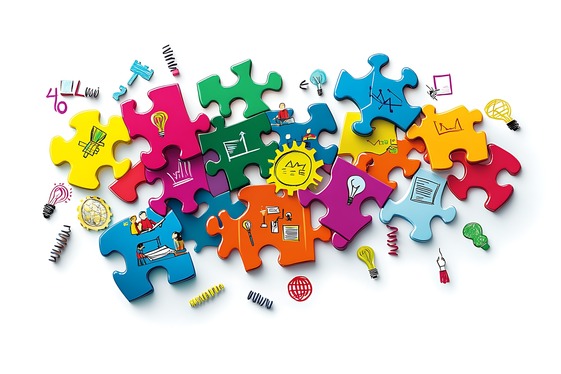 Colorful puzzle pieces with icons representing learning, problem-solving, and collaboration.
