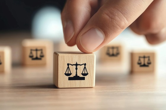 A close-up of a hand placing a wooden block with a scale symbol, representing balance, justice, or decision-making.
