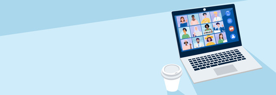 cup of coffee and a laptop showing an online meeting