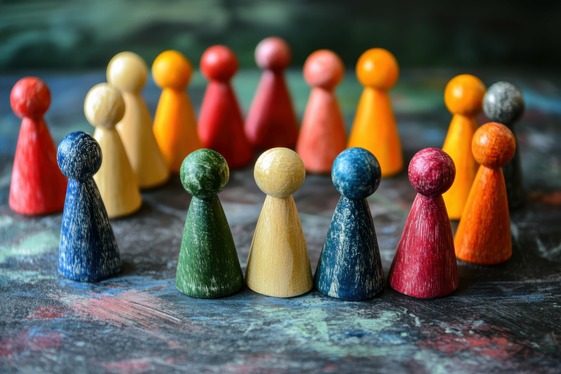 Colorful wooden game pieces arranged in a circle, representing collaboration and group facilitation.