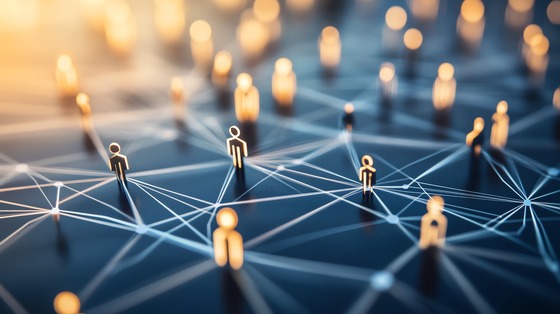 Stylized icons of people connected by glowing lines, symbolizing a professional or digital network.