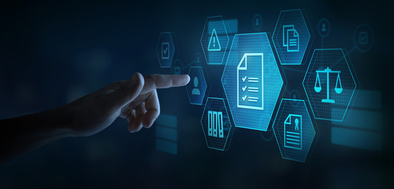 Finger pointing at digital compliance icons, including checklists, scales, and document symbols.