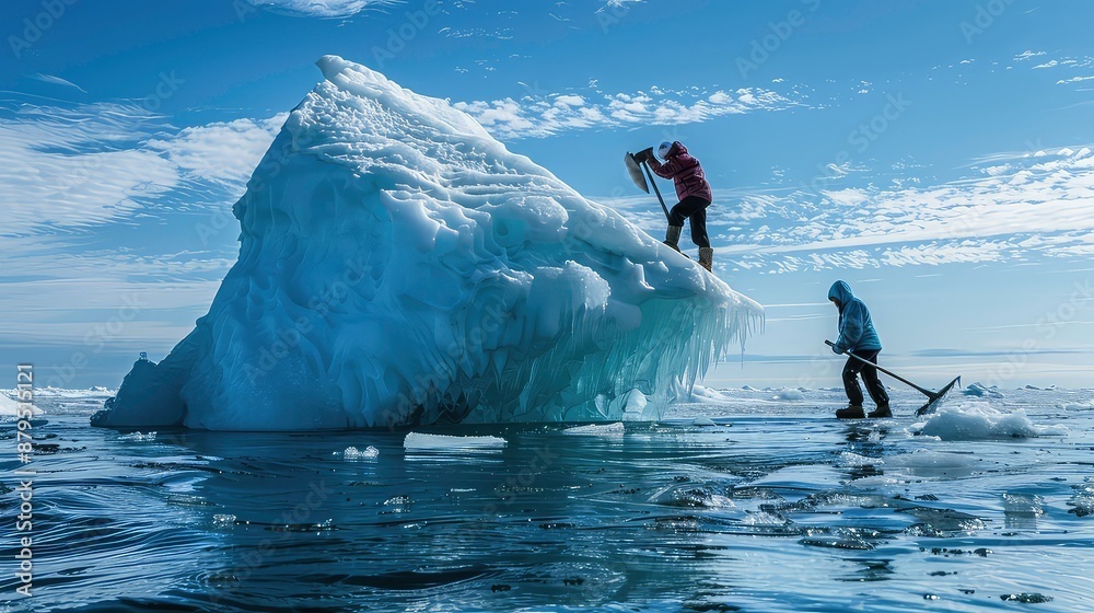 Two people breaking ice on a large iceberg in open water under a bright blue sky.