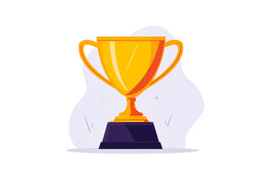 Illustration of a gold trophy with two handles, mounted on a black base, set against a light abstract background.