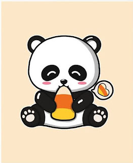 Cartoon panda sitting and holding a large piece of candy corn, with another small candy corn floating in a speech bubble beside it.