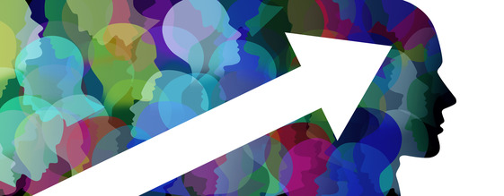 White arrow rising across overlapping colorful human silhouettes symbolizing leadership growth and professional development.