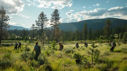 A group of people work together in a grassy, forested area, spreading out across the landscape under bright sunlight with mountains in the background.