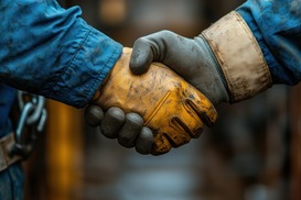 Two gloved workers shake hands in a dirty, hands-on work setting.