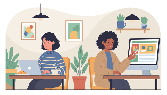 An illustration of two people working at separate desks, one using a laptop and one pointing at a computer screen.