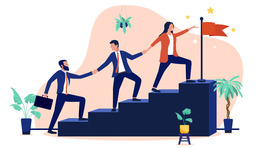Illustration of three coworkers climbing steps together as the woman in front leads them toward a red flag, symbolizing teamwork and shared progress.