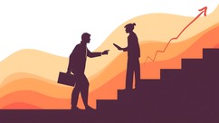 Silhouettes of two coworkers on steps, one offering help as they move upward, with an arrow showing growth.