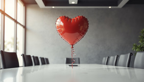 A red heart-shaped balloon floating above a conference table.