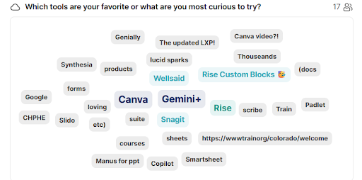 Word cloud showing tools mentioned by participants, including Canva, Gemini+, Rise, Snagit, Padlet, and others.