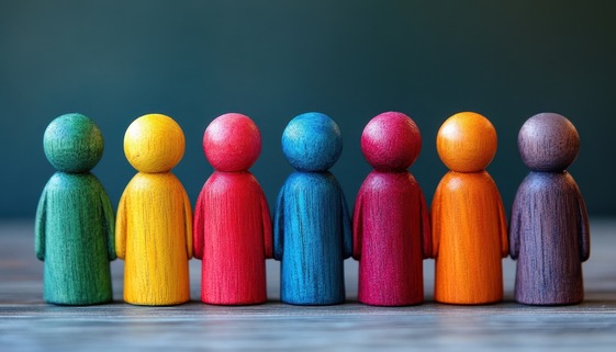 Seven wooden figures in different colors standing side by side on a flat surface.