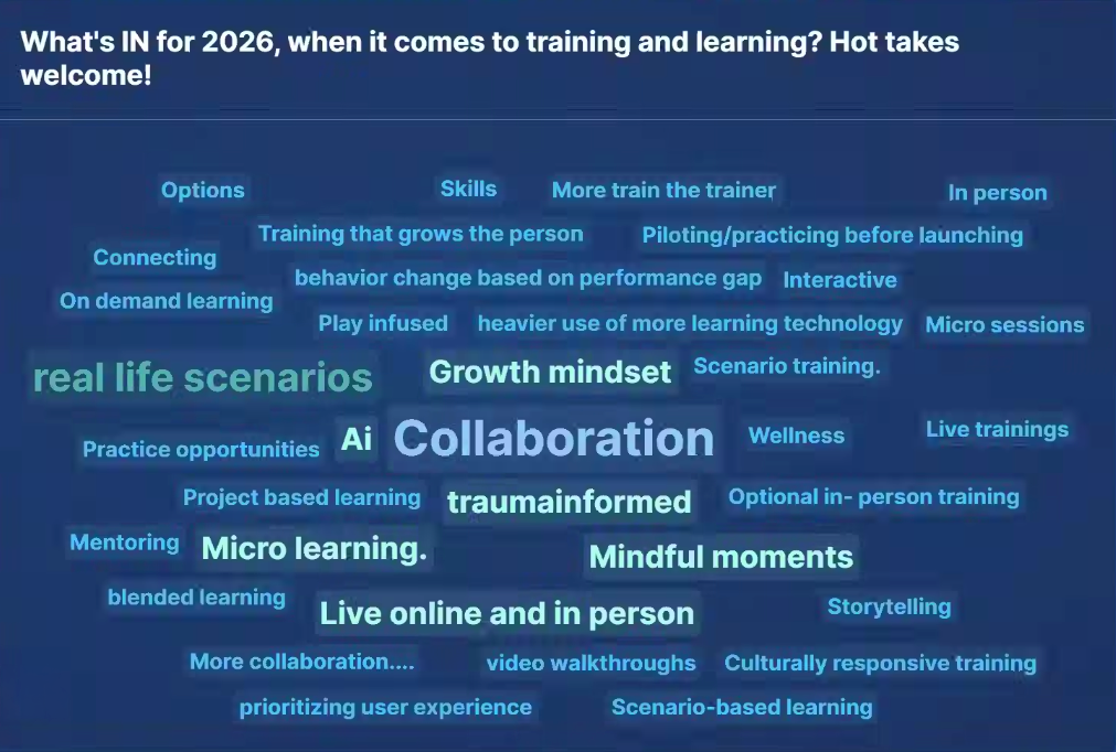Word cloud showing what is “in” for training and learning.