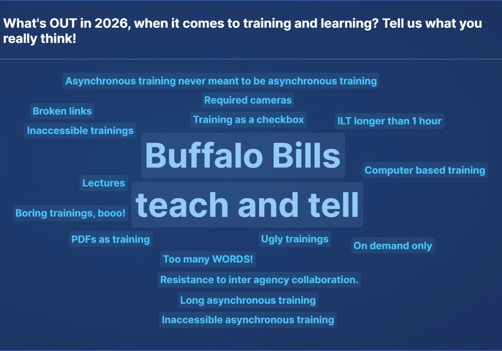 Word cloud showing what is “out” for training and learning in 2026, including teach and tell, long asynchronous training, and inaccessible trainings.