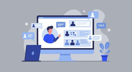 Laptop screen showing a person running an online meeting