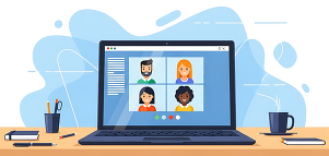 Illustration of a laptop on a desk displaying a four-person video conference, representing virtual training and remote collaboration.