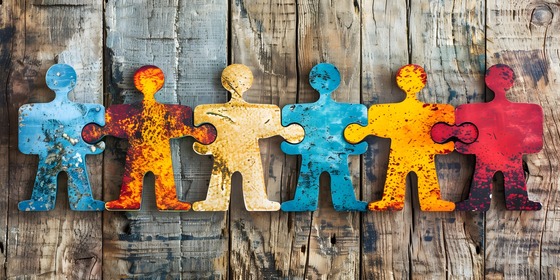Colorful wooden puzzle-piece figures connected side by side against a rustic wood background, representing teamwork, inclusion, and collaboration.