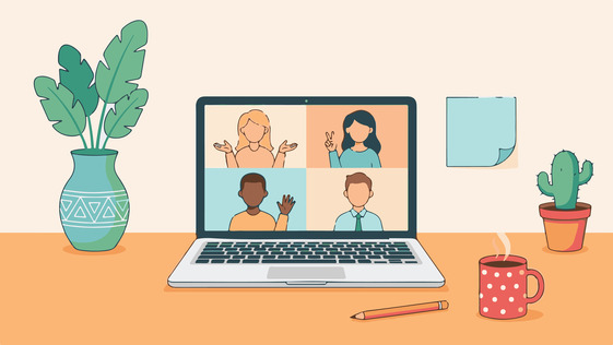 An open laptop sitting on a desk showing people in a zoom meeting The desk has a pencil and plant and a cactus around the laptop.