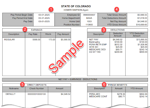 Sample Colorado Payroll statement with pay dates, earnings, deductions, net pay, and direct deposit, with numbered sections