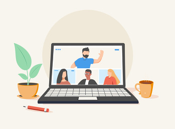 A plant, pencil, coffee cup and laptop on a desktop showing a zoom meeting with images of people in meeting