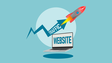A rocket pointing up with the words growth and a laptop with the words website meaning website growth