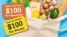 A graphic showing a bag of groceries with two $100 assistance labels.