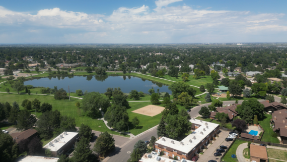 An aerial view of the bright blue lake surrounded by green lawns and mature trees at Sanborn Park