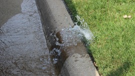 Water from a broken irrigation sprinkler runs across a curb and into the street.