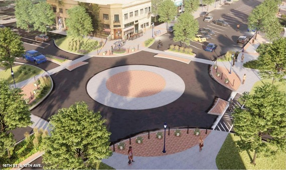 Illustration of a roundabout and wider walking paths at 16th Street and 10th Avene