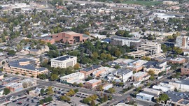 An aerial view of downtown Greeley on a sunny day in September