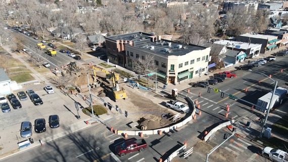 Aerial view of the road excavations being done in the 16th Street Enhancement Project