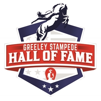 Greeley Stampede Hall of Fame logo with cowboy riding a bucking horse and graphic logo in red and blue