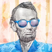 Abraham Lincoln thumbprint image wears bright blue sunglasses and a tropical print blue suit coat.