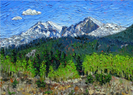 painting of mountains and green fields under a blue sky